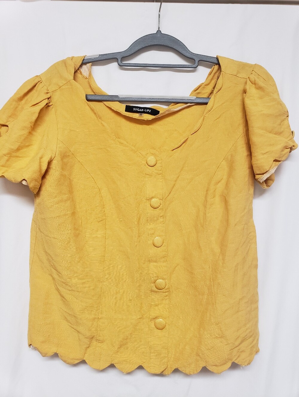 Linen Mustard Yellow Crop Top Button Detail Size Med Scalloped Hem Neck